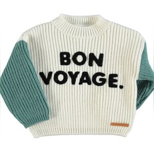 PIUPIUCHICK Knitted Sweater In Emerald And Ecru Embroidered "Bon Voyage" Size 6